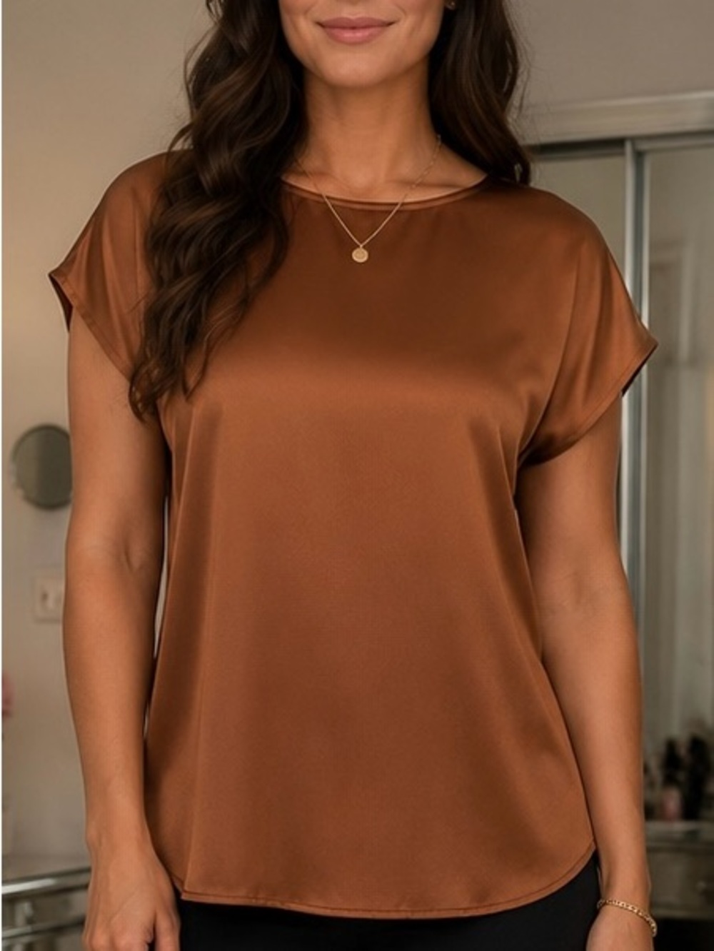 Satin Short Sleeve Blouse in Chestnut Brown